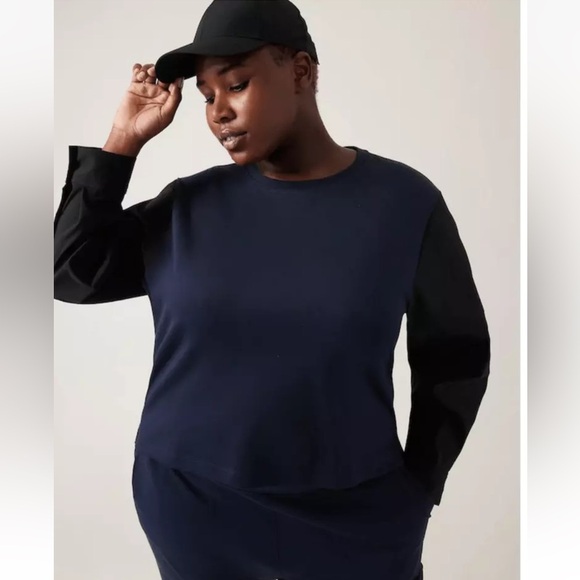 Athleta Harlow Hybrid Top Sweatshirt Navy Blue Black Sleeves Size 1X Plus size - Picture 8 of 12